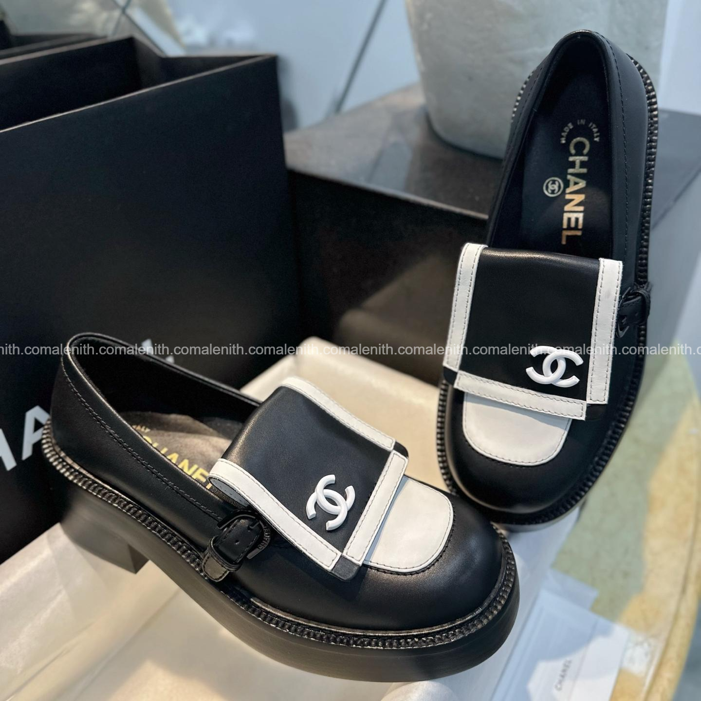 Chanel 24B Black and White Panda Platform Loafers